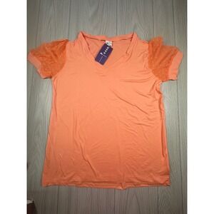 MISIFI Women's Peach V Neck T-Shirt Dotted Mesh Cap Sleeve Top M‎